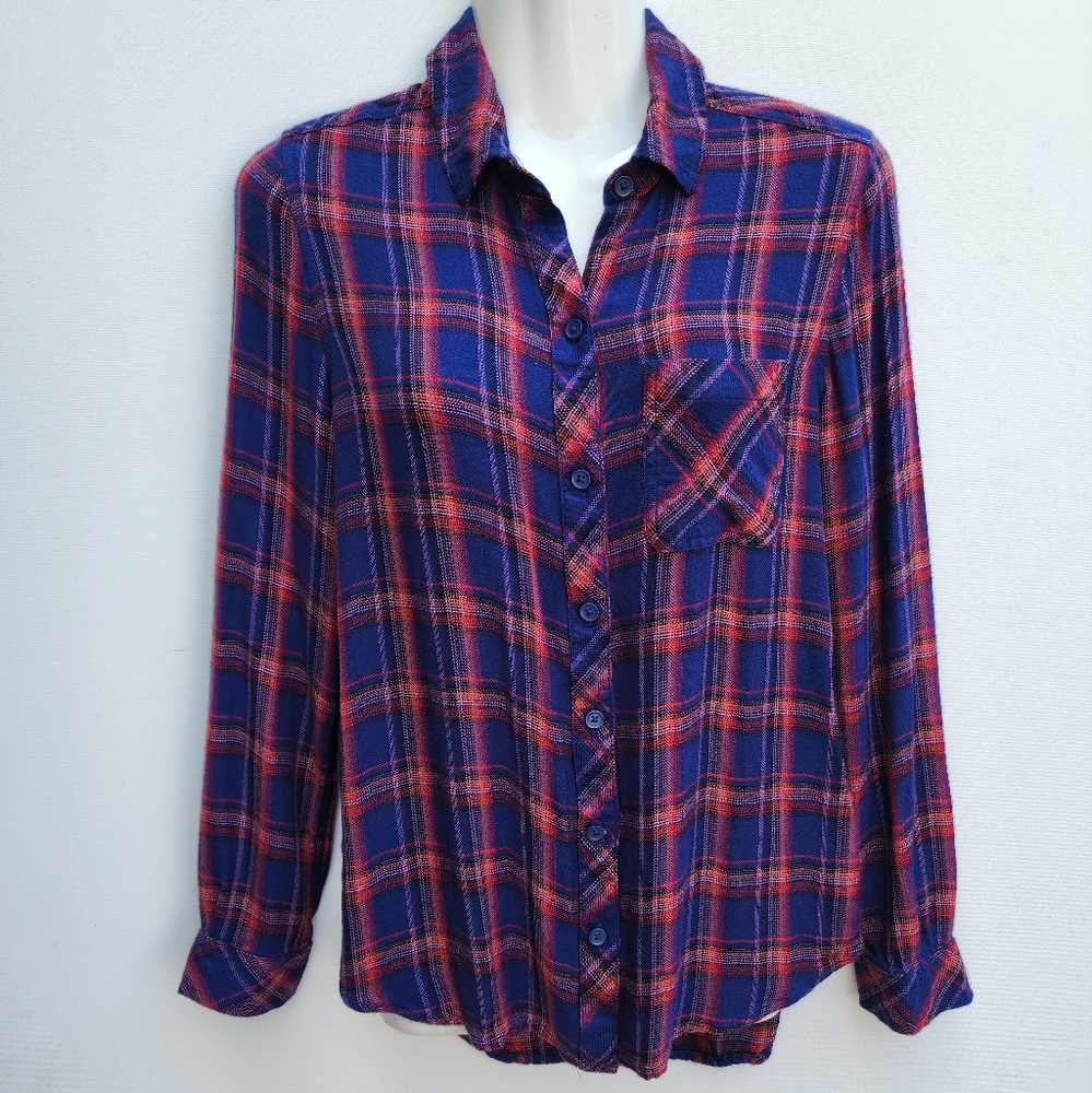 Beachlunchlounge Collection Navy Blue Orange Red Lavender Plaid Button-Down Top